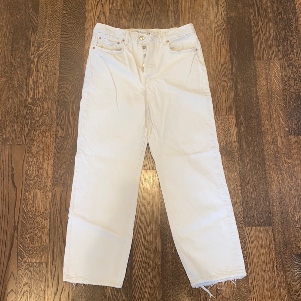 Zara distressed white straight leg jeans